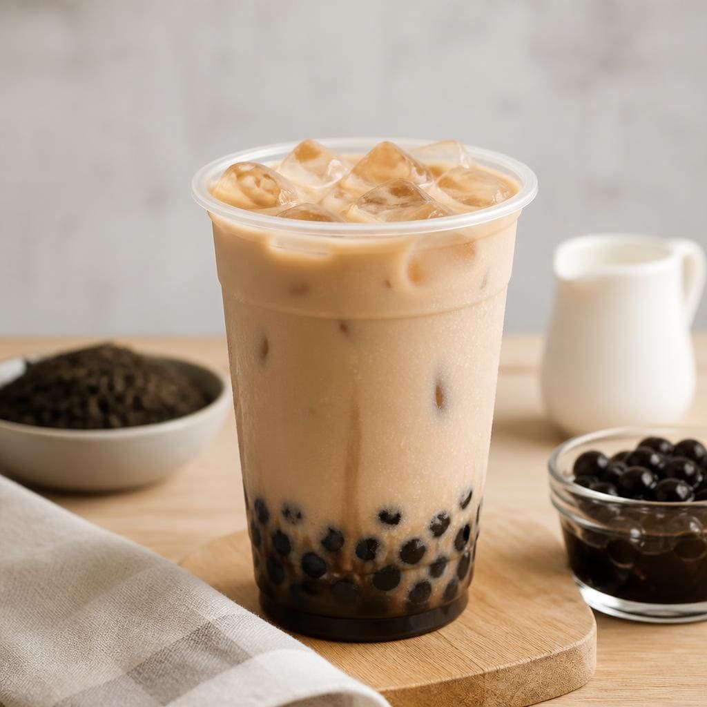 Es Bubble Milk Tea Kopi Ruang Hati dengan teh boba susu dan sirup gula